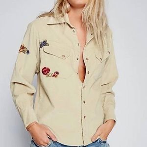 Free People Floral Embroidered Corduroy Shirt